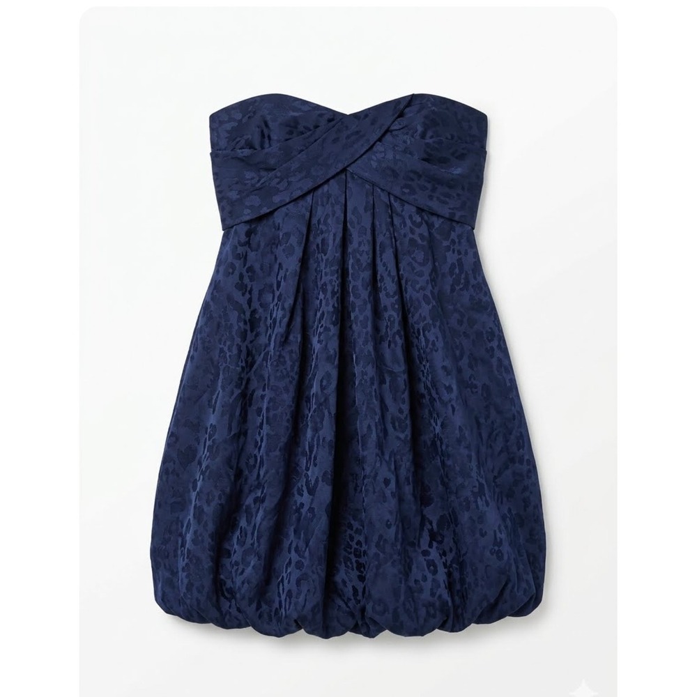 Y2K Navy Blue‎ Leopard Jacquard Strapless Bubble Hem Cocktail Dress M